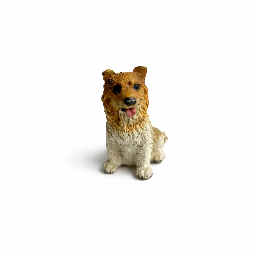 Mini Collie Dog Figurine Sheltie Style Small Resin Collectible Tan White Pup
